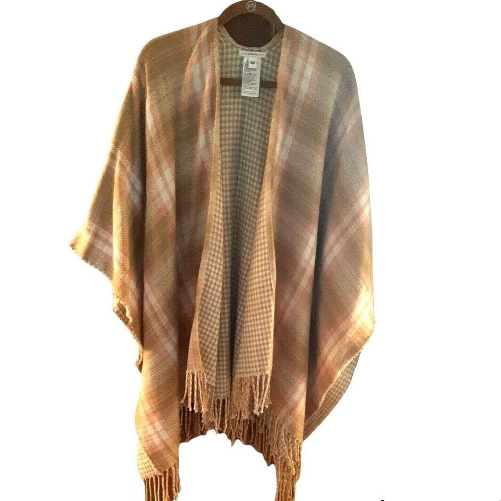 One Size Isaac Mizrahi Live Peach Tan Plaid Ruana Wrap Reversible - Houndstooth